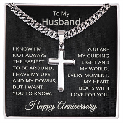 Husband Happy Anniversary Necklace for Husband To My Husband Jewelry for Him Men Cuban Link Chain with Cross Pendant