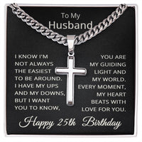 Load image into Gallery viewer, 25th Birthday Gifts for Husband – To My Husband Cross Necklace – Men’s Stainless Steel Cuban Link Chain
