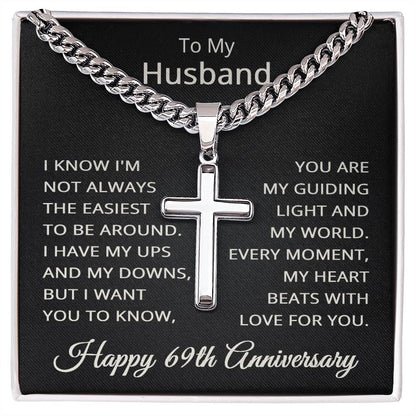 69th Anniversary Necklace for Husband 69 Years Anniversary Jewelry for Him Men Cuban Link Chain with Cross Pendant
