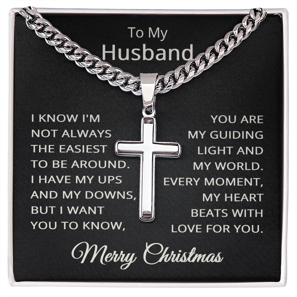 Husband Christmas Necklace for Husband To My Husband Merry Christmas Gift for Him Men Jewelry Cuban Link Chain with Cross Pendant