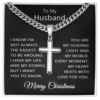 Husband Christmas Necklace for Husband To My Husband Merry Christmas Gift for Him Men Jewelry Cuban Link Chain with Cross Pendant