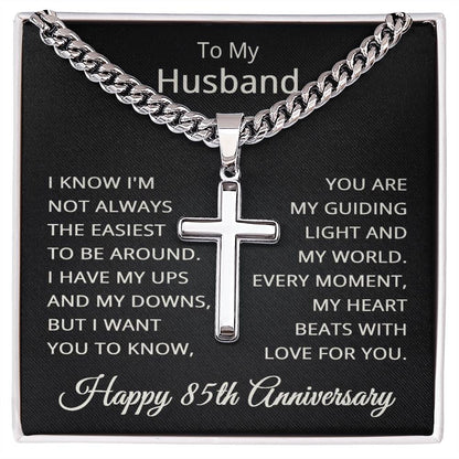 85th Anniversary Necklace for Husband 85 Years Anniversary Jewelry for Him Men Cuban Link Chain with Cross Pendant