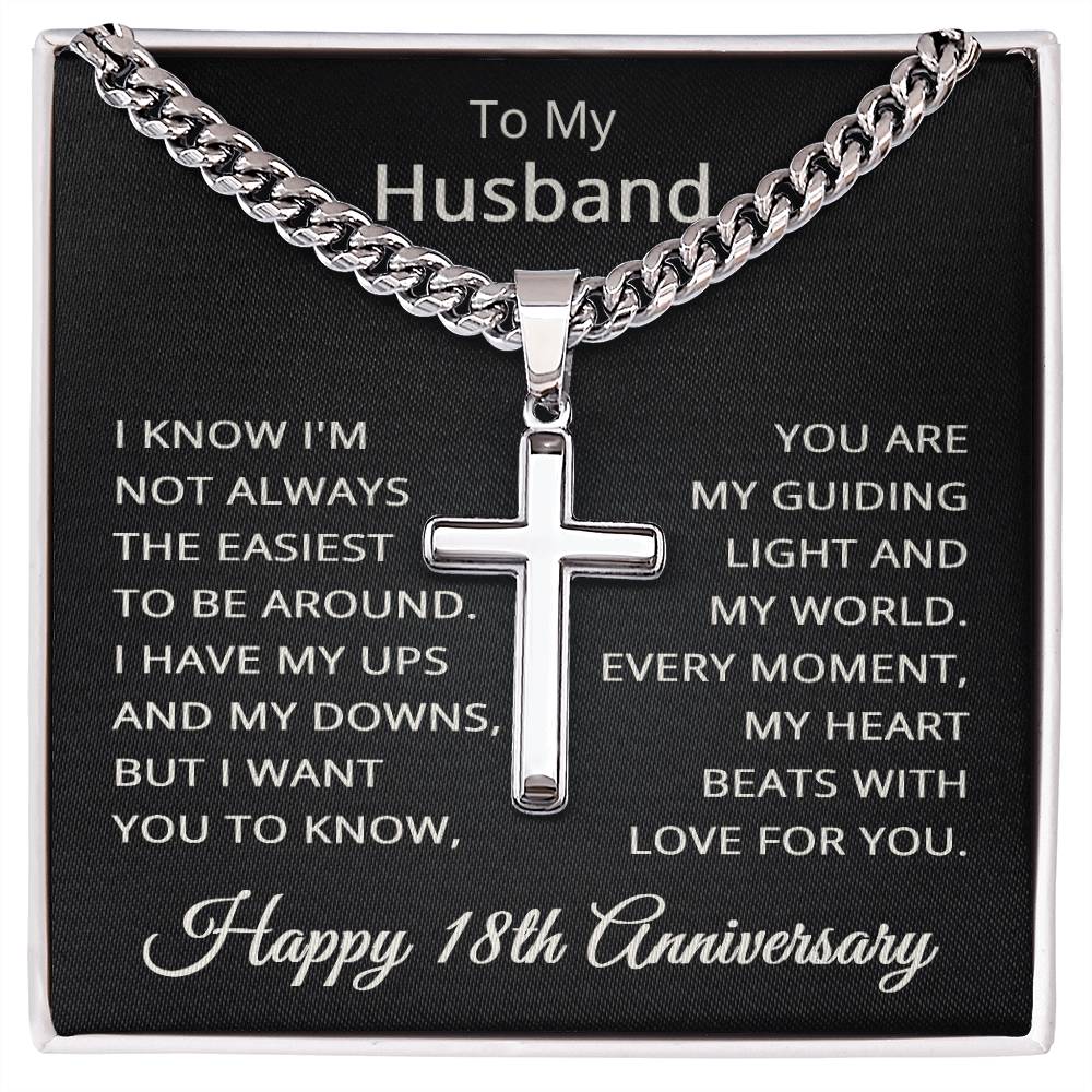 18th Anniversary Necklace for Husband 18 Years Anniversary Jewelry for Him Men Cuban Link Chain with Cross Pendant