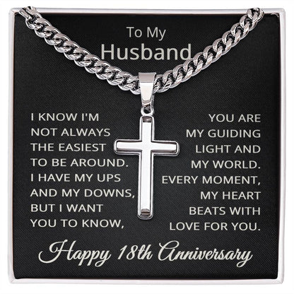 18th Anniversary Necklace for Husband 18 Years Anniversary Jewelry for Him Men Cuban Link Chain with Cross Pendant