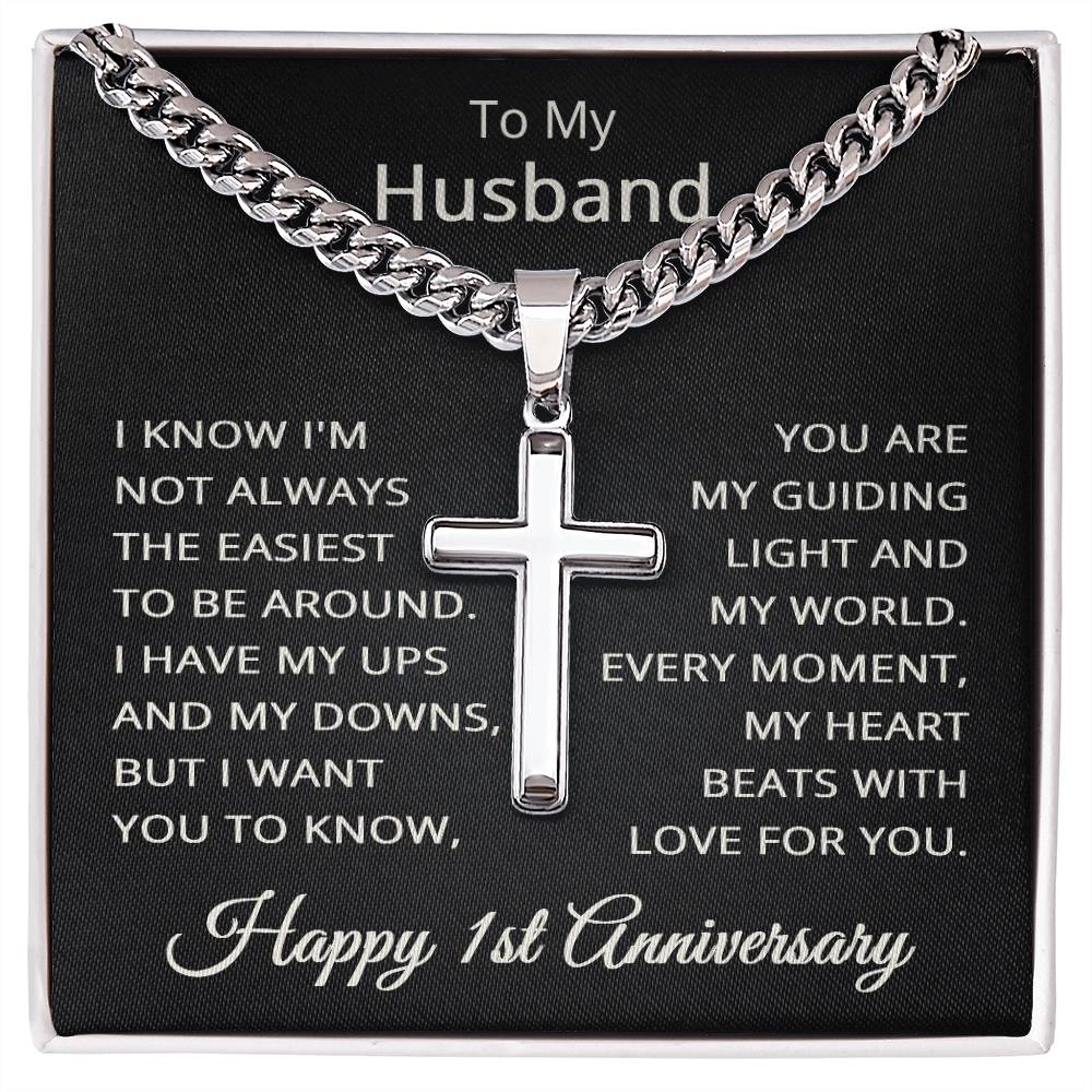 1st Anniversary Necklace for Husband 1 Year Anniversary Jewelry for Him Men Cuban Link Chain with Cross Pendant