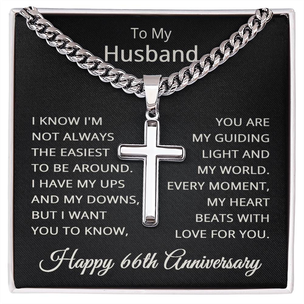 66th Anniversary Necklace for Husband 66 Years Anniversary Jewelry for Him Men Cuban Link Chain with Cross Pendant