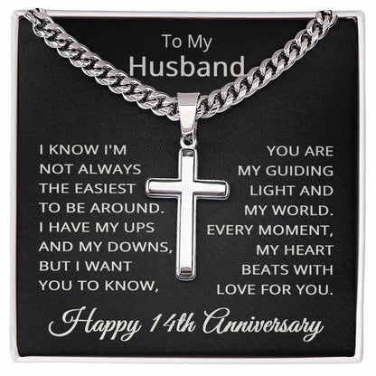 14th Anniversary Necklace for Husband 14 Years Anniversary Jewelry for Him Men Cuban Link Chain with Cross Pendant