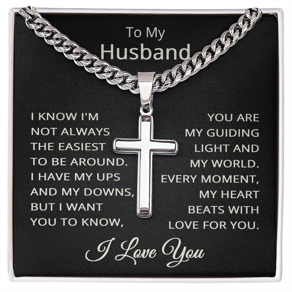 Husband I Love You Necklace for Husband To My Husband Gift for Him Men Jewelry Cuban Link Chain with Cross Pendant
