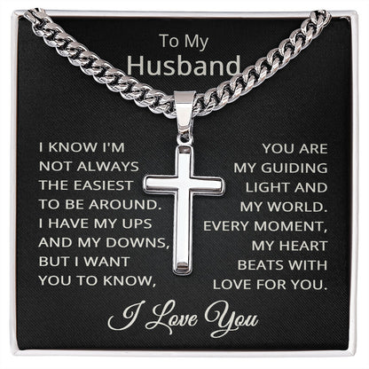 Husband I Love You Necklace for Husband To My Husband Gift for Him Men Jewelry Cuban Link Chain with Cross Pendant