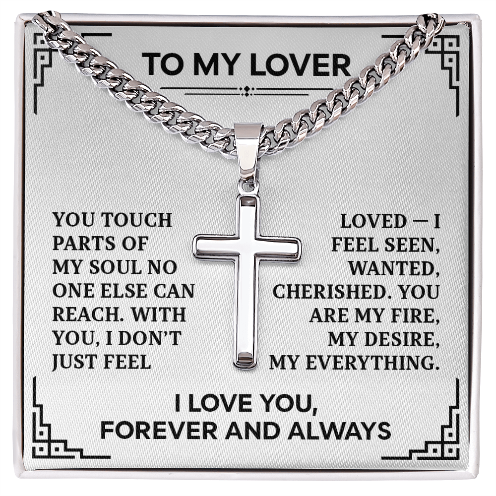 Cuban Link Cross Necklace for Him - "To My Lover" Card - Men's Adjustable Stainless Steel Cuban Chain with Cross