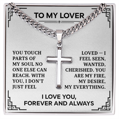 Cuban Link Cross Necklace for Him - "To My Lover" Card - Men's Adjustable Stainless Steel Cuban Chain with Cross