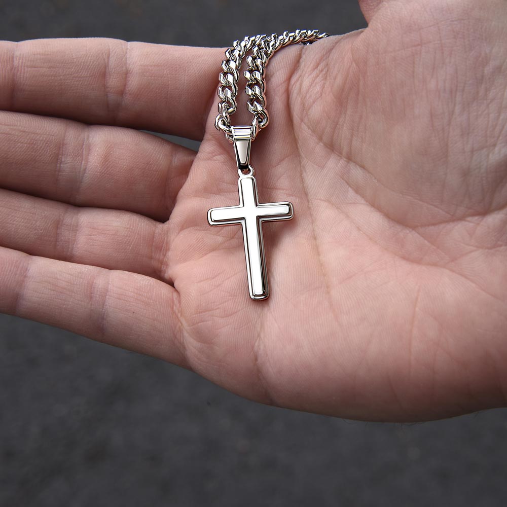 Cuban Link Cross Necklace for Him - "To My Lover" Card - Men's Adjustable Stainless Steel Cuban Chain with Cross