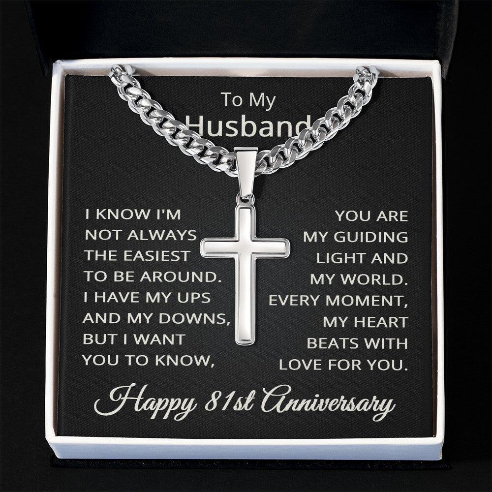 81st Anniversary Necklace for Husband 81 Years Anniversary Jewelry for Him Men Cuban Link Chain with Cross Pendant