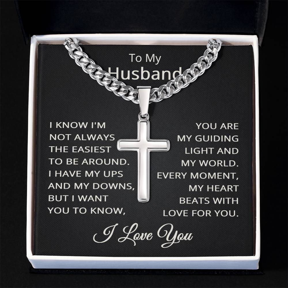 Husband I Love You Necklace for Husband To My Husband Gift for Him Men Jewelry Cuban Link Chain with Cross Pendant