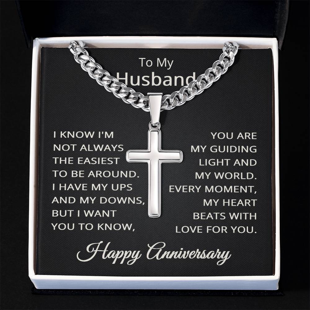 Husband Happy Anniversary Necklace for Husband To My Husband Jewelry for Him Men Cuban Link Chain with Cross Pendant