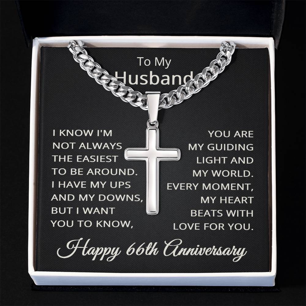 66th Anniversary Necklace for Husband 66 Years Anniversary Jewelry for Him Men Cuban Link Chain with Cross Pendant