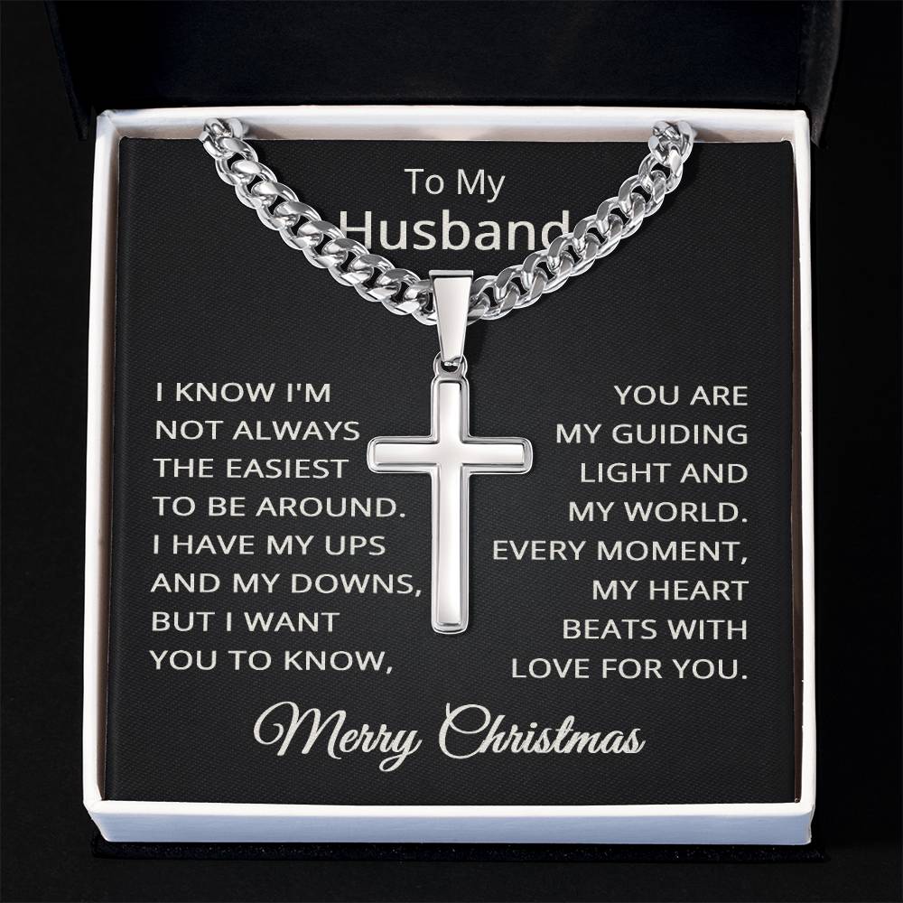 Husband Christmas Necklace for Husband To My Husband Merry Christmas Gift for Him Men Jewelry Cuban Link Chain with Cross Pendant