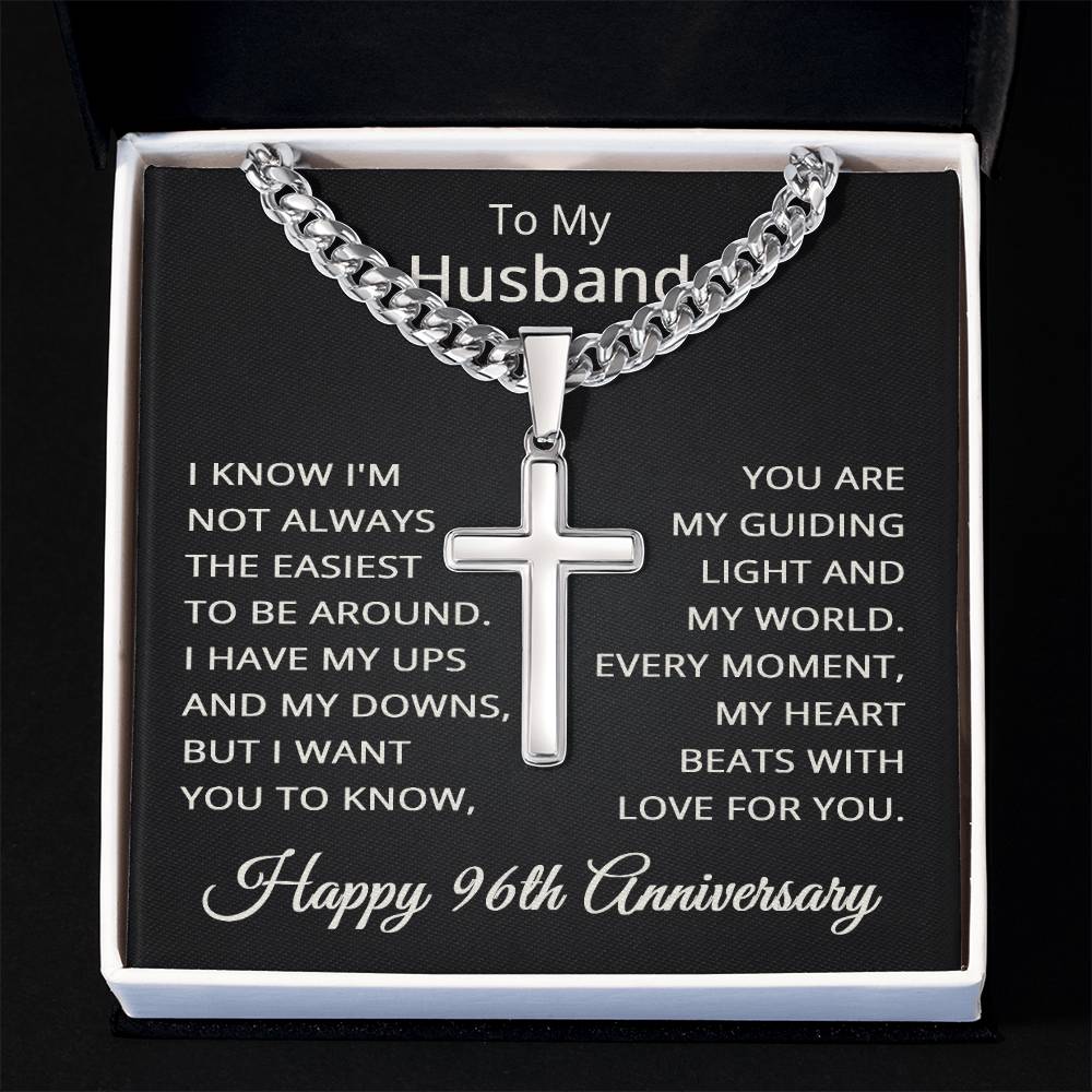 96th Anniversary Necklace for Husband 96 Years Anniversary Jewelry for Him Men Cuban Link Chain with Cross Pendant