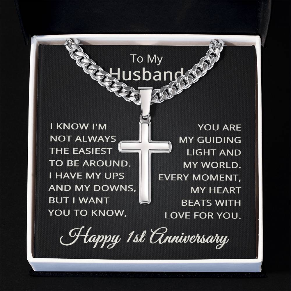 1st Anniversary Necklace for Husband 1 Year Anniversary Jewelry for Him Men Cuban Link Chain with Cross Pendant