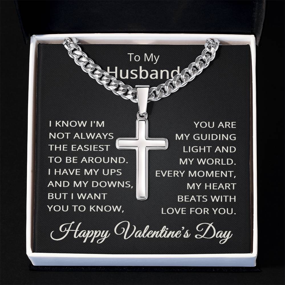 Valentines Day Gift for Husband Valentine's Day Necklace for Husband To My Husband Necklace Jewelry for Him Men Cuban Link Chain with Cross Pendant