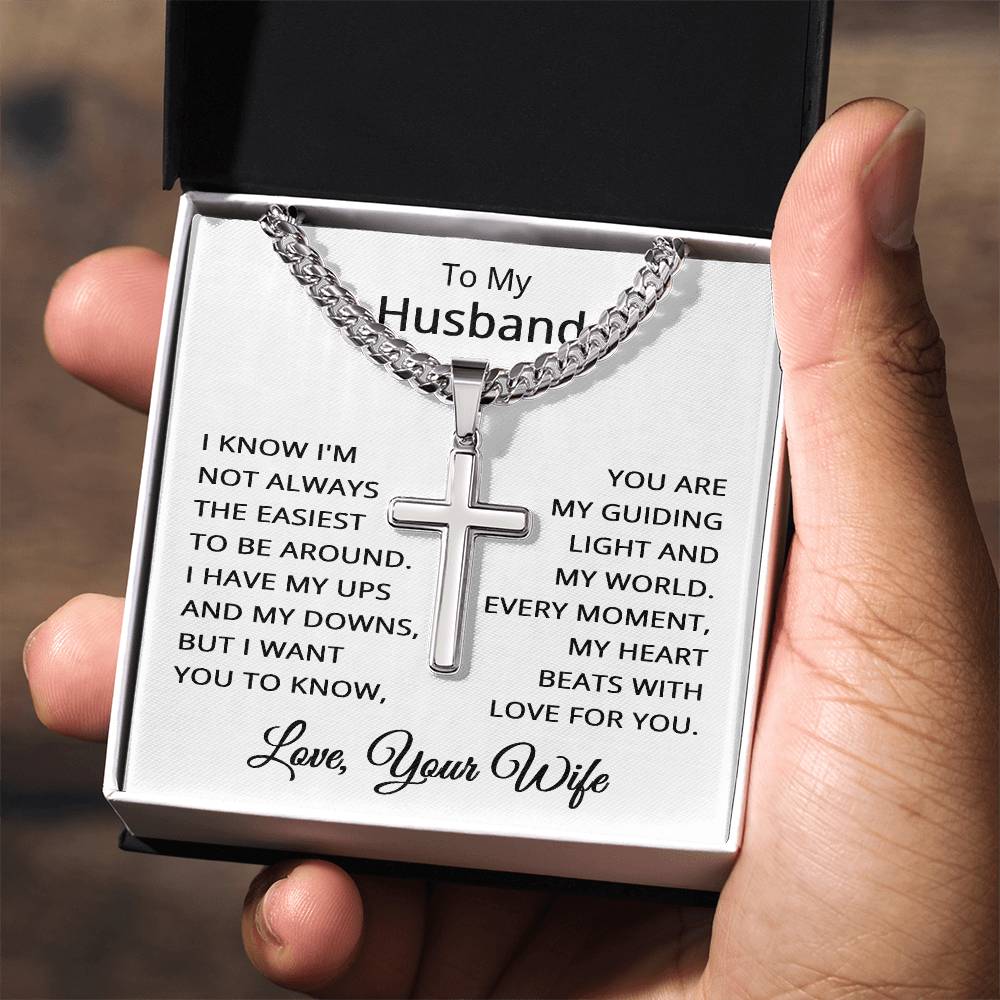 To My Husband Cross Necklace for Men with Cuban Link Chain