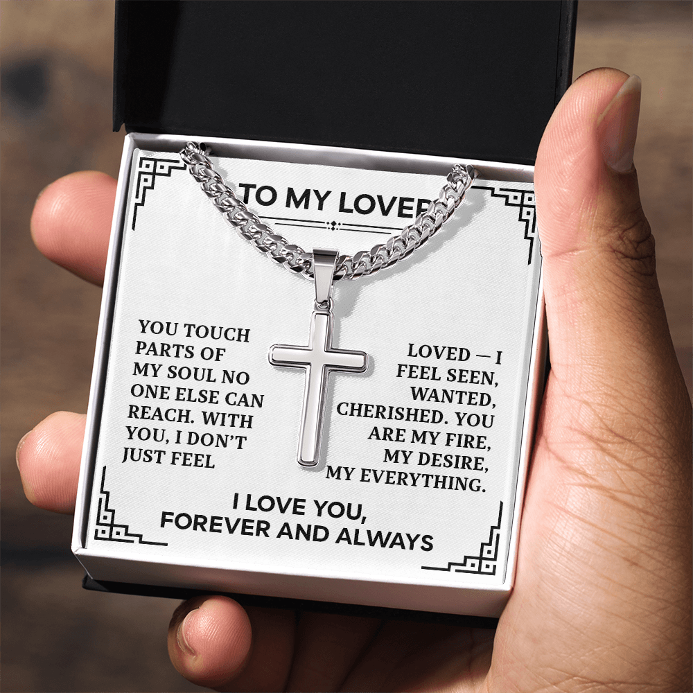 Cuban Link Cross Necklace for Him - "To My Lover" Card - Men's Adjustable Stainless Steel Cuban Chain with Cross