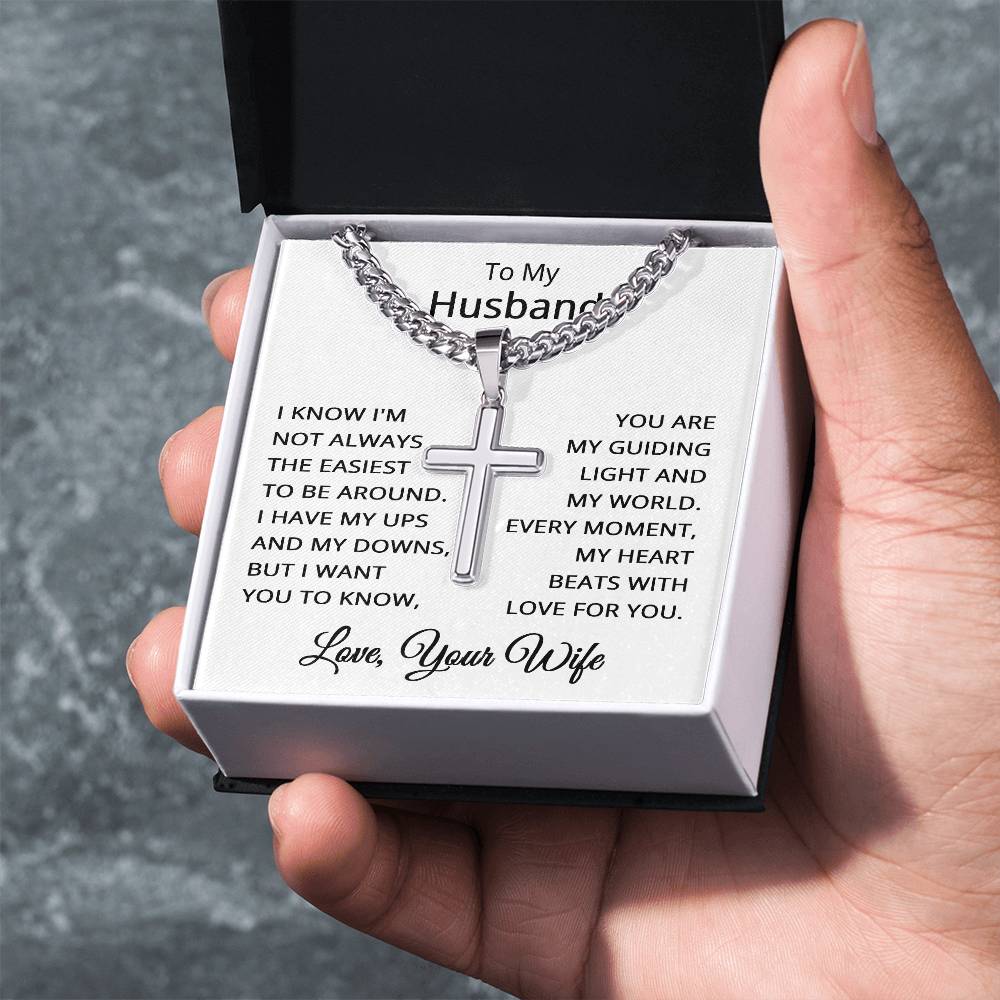 To My Husband Cross Necklace for Men with Cuban Link Chain