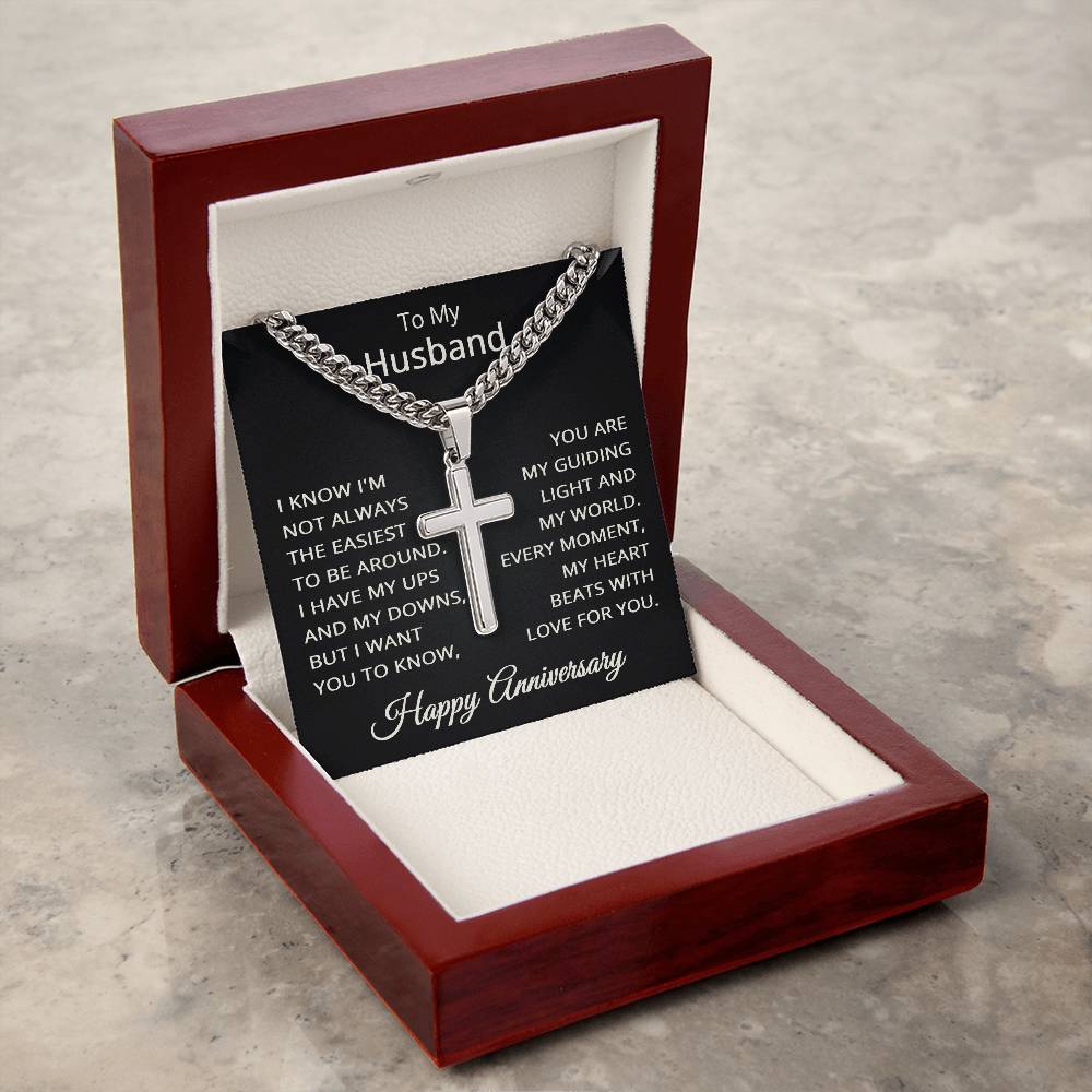 Husband Happy Anniversary Necklace for Husband To My Husband Jewelry for Him Men Cuban Link Chain with Cross Pendant