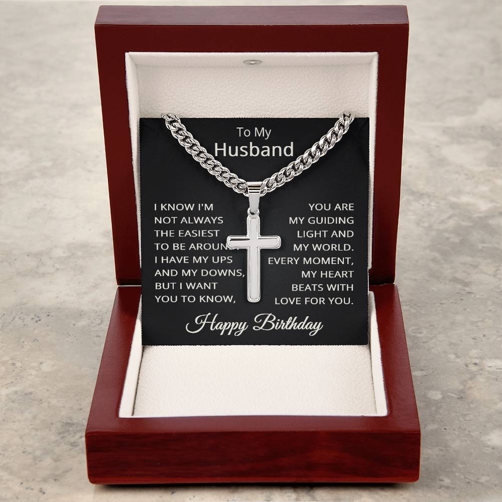 Husband Birthday Necklace for Husband Happy Birthday Gift for Him Men Jewelry Cuban Link Chain with Cross Pendant
