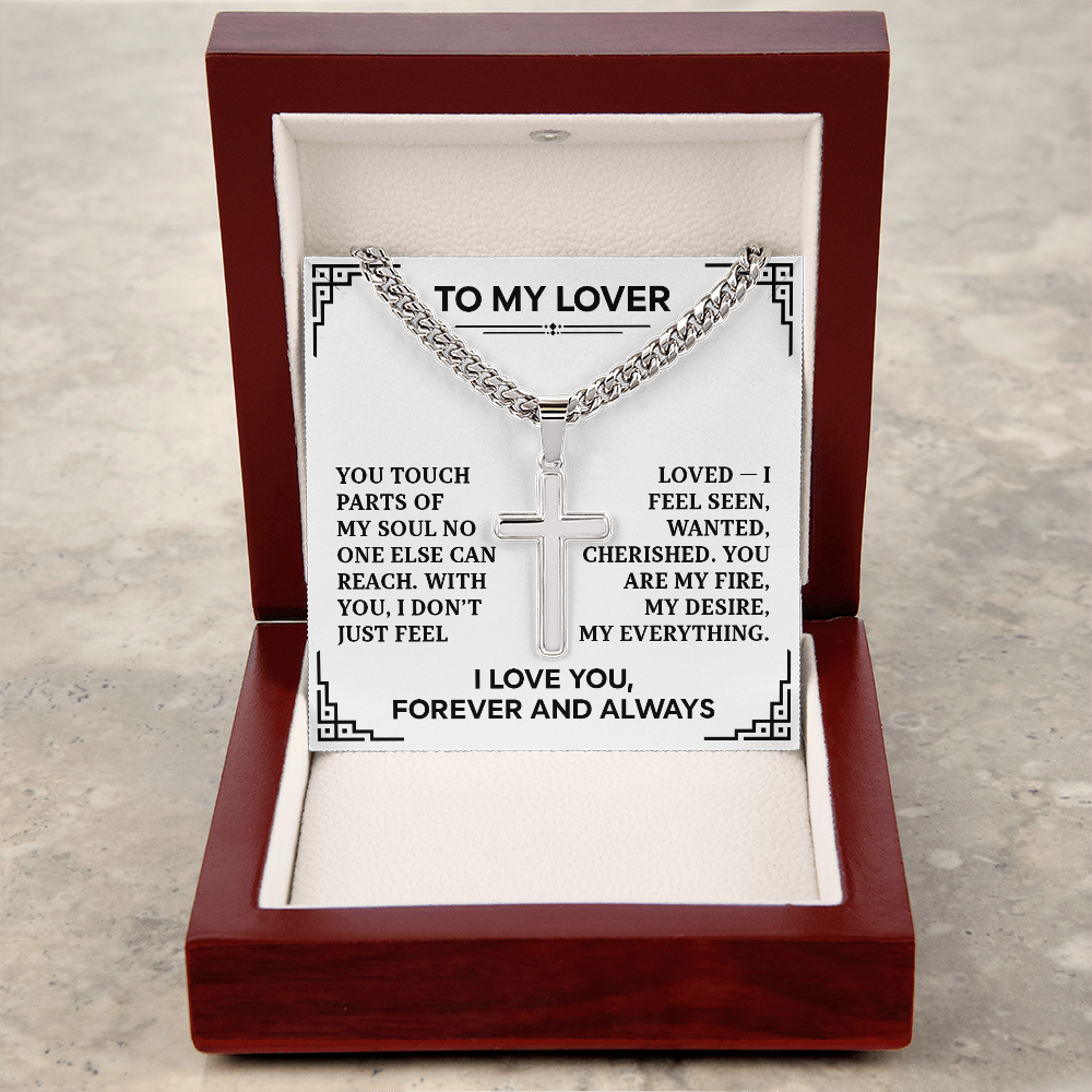 Cuban Link Cross Necklace for Him - "To My Lover" Card - Men's Adjustable Stainless Steel Cuban Chain with Cross
