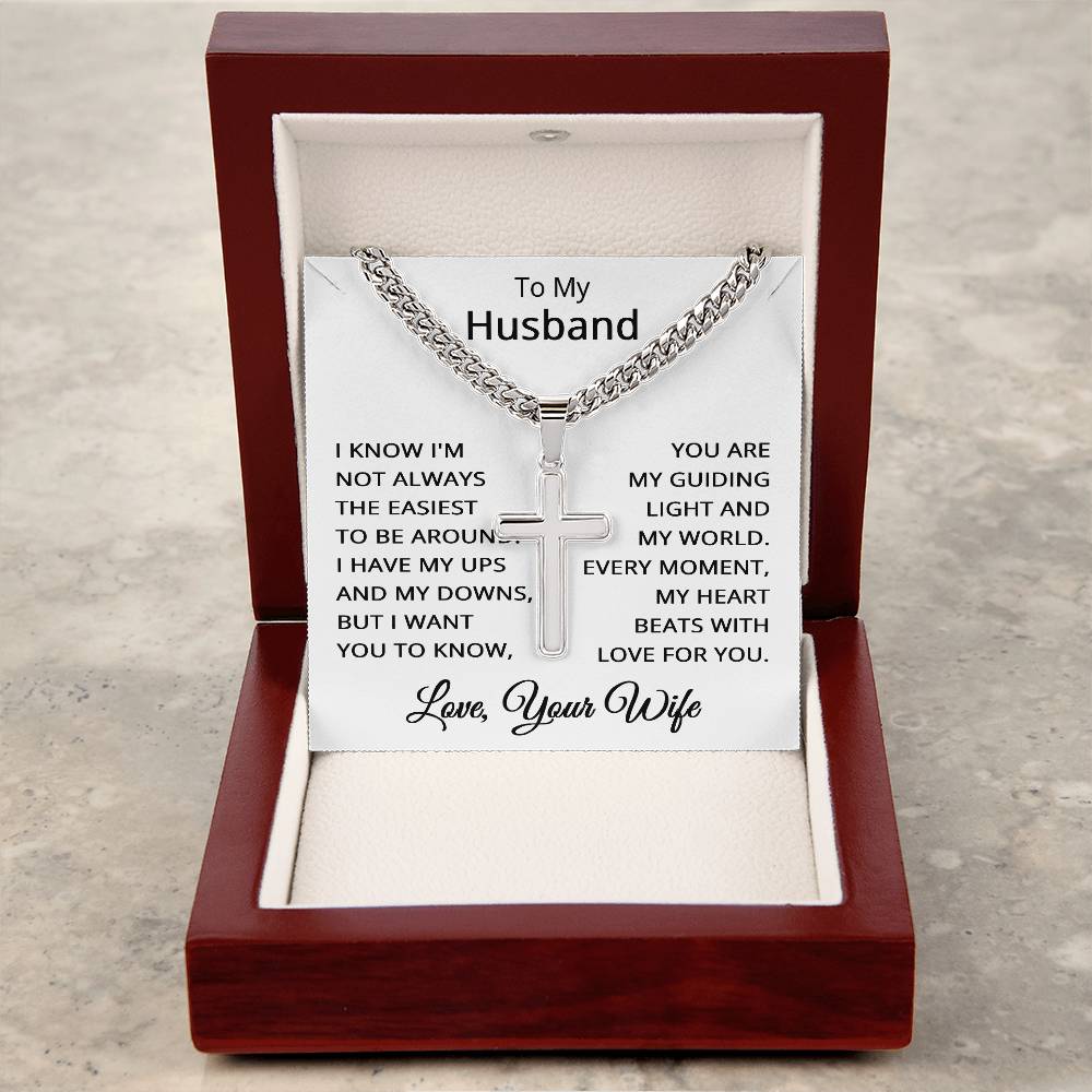 To My Husband Cross Necklace for Men with Cuban Link Chain