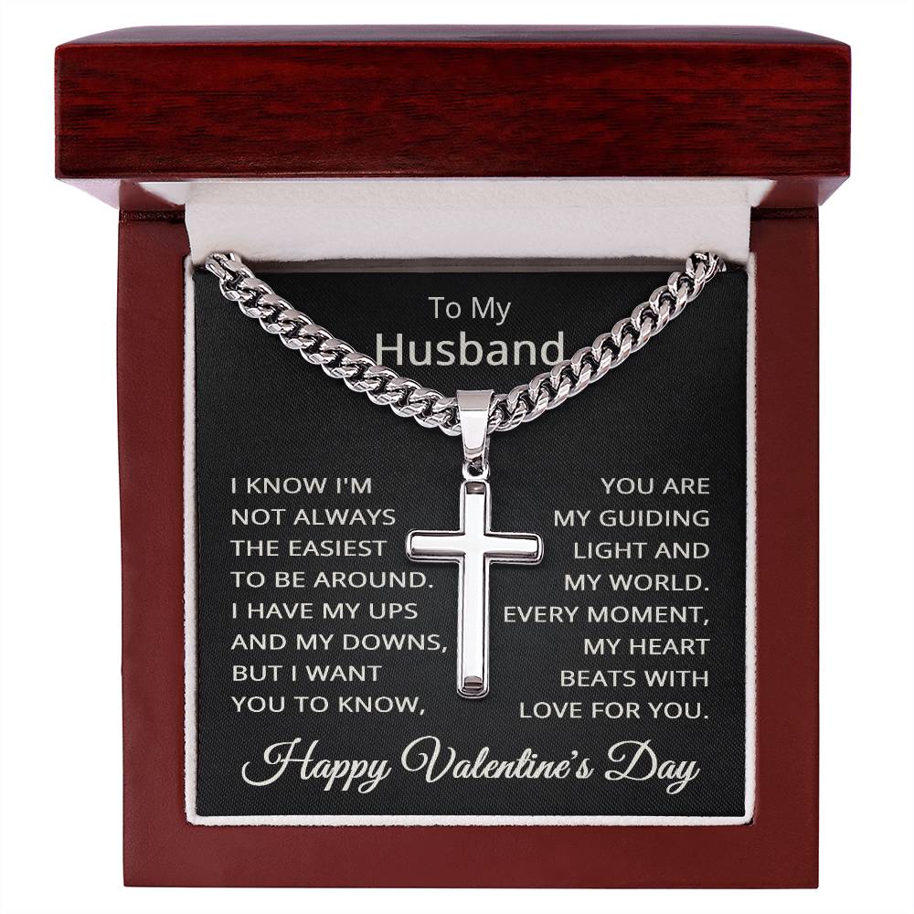 Valentines Day Gift for Husband Valentine's Day Necklace for Husband To My Husband Necklace Jewelry for Him Men Cuban Link Chain with Cross Pendant