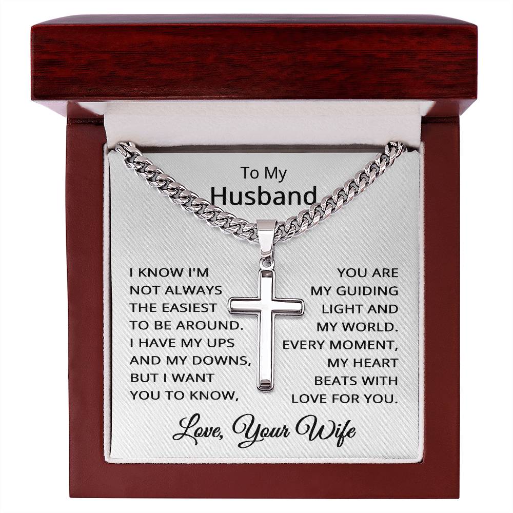 To My Husband Cross Necklace for Men with Cuban Link Chain
