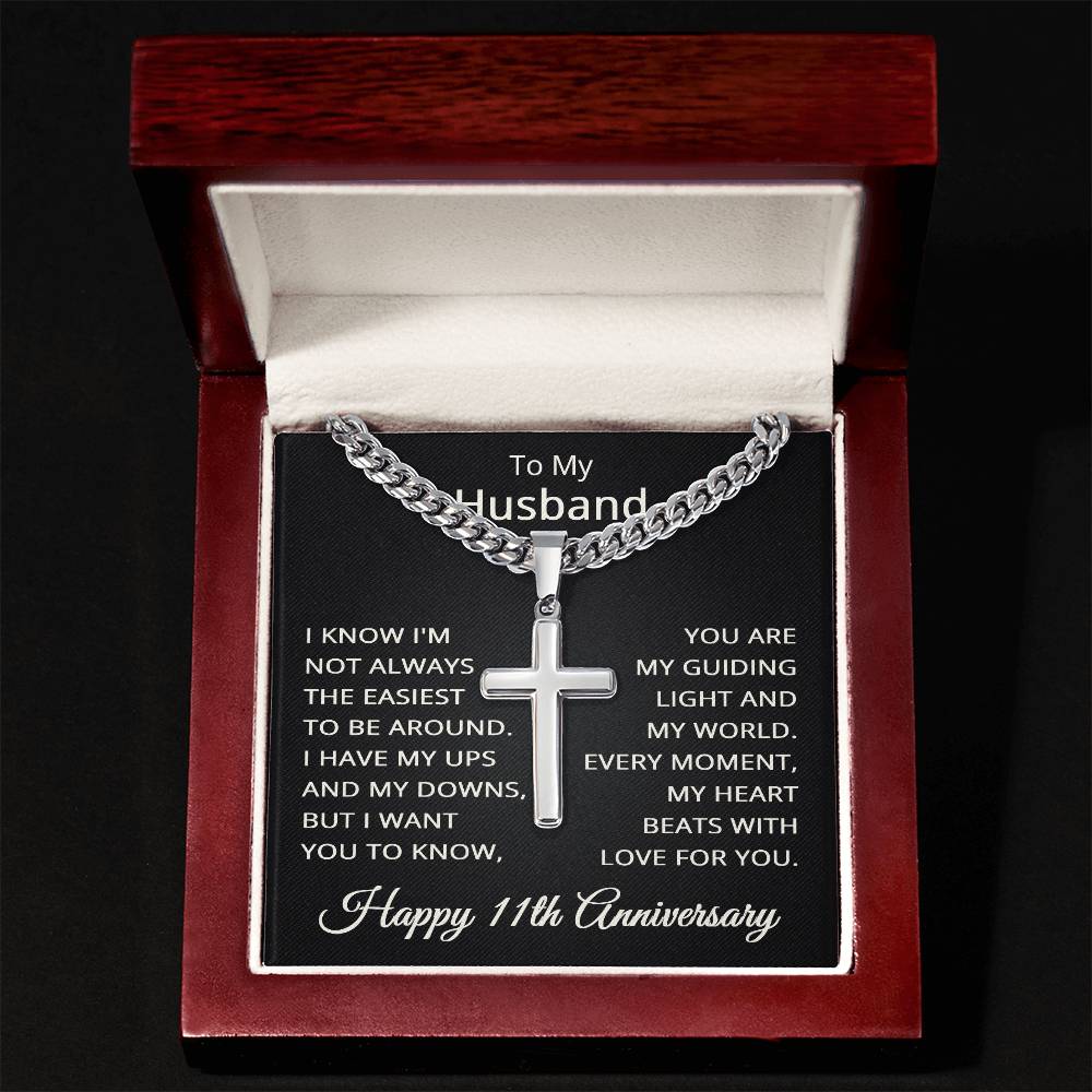 11th Anniversary Necklace for Husband 11 Years Anniversary Jewelry for Him Men Cuban Link Chain with Cross Pendant