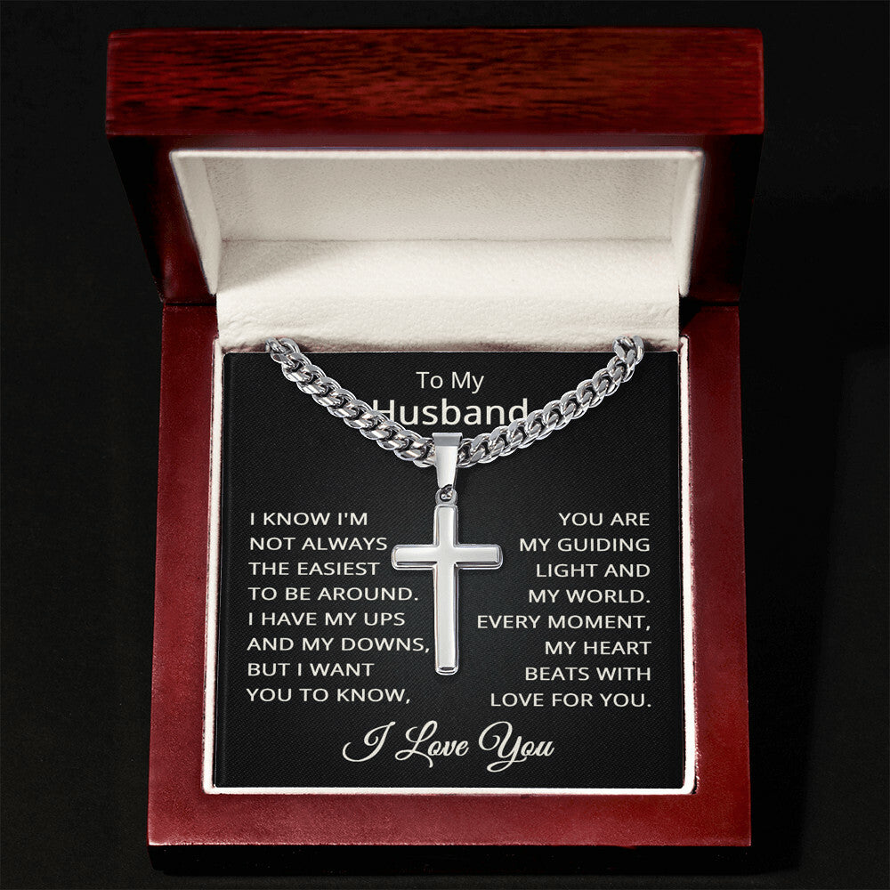 Husband I Love You Necklace for Husband To My Husband Gift for Him Men Jewelry Cuban Link Chain with Cross Pendant
