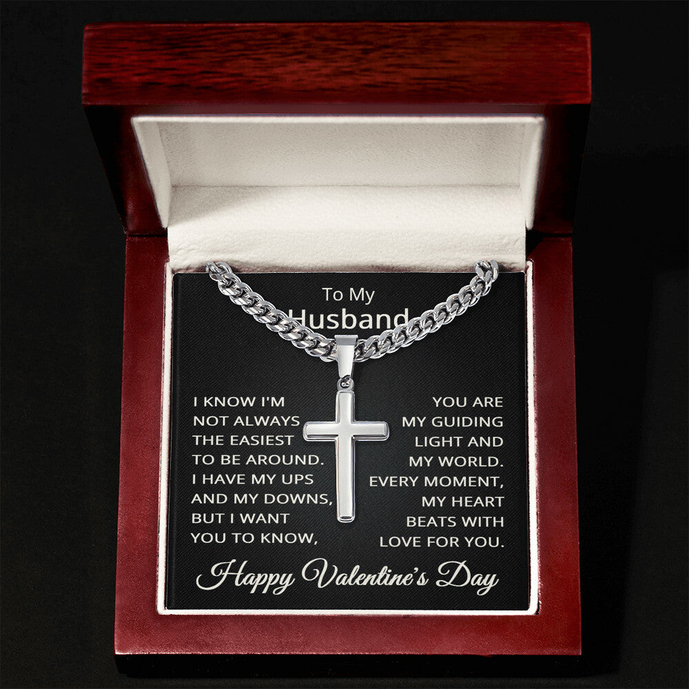 Valentines Day Gift for Husband Valentine's Day Necklace for Husband To My Husband Necklace Jewelry for Him Men Cuban Link Chain with Cross Pendant