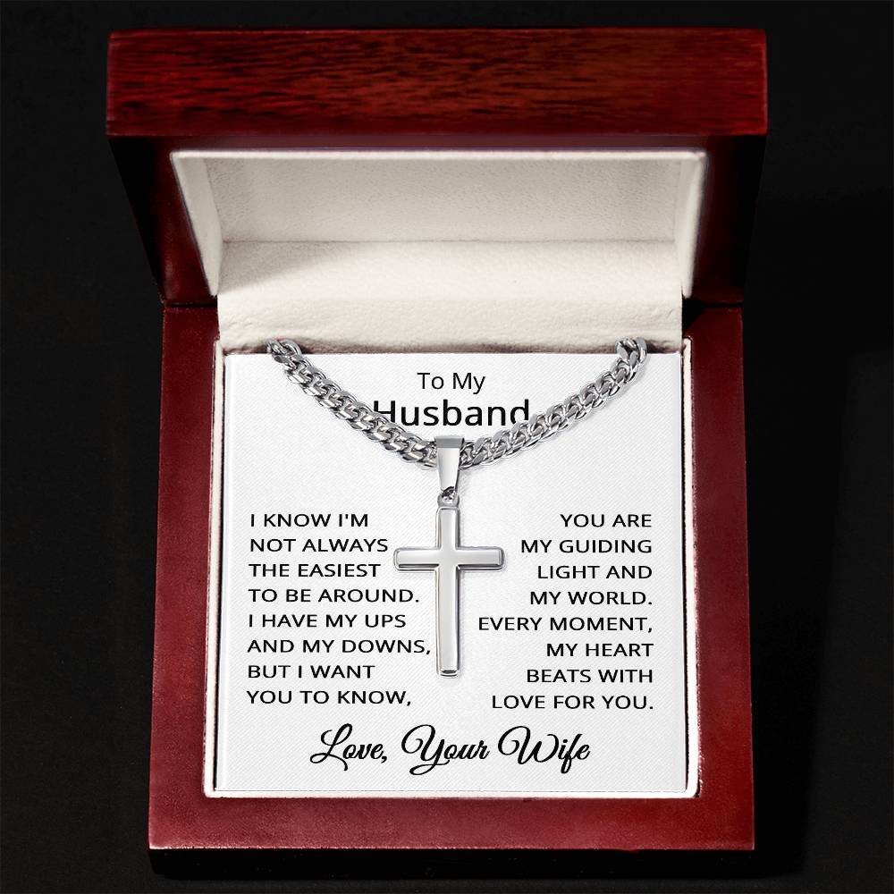 To My Husband Cross Necklace for Men with Cuban Link Chain