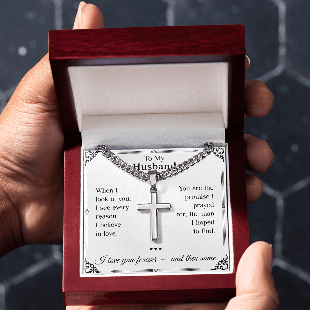 To My Husband Cross Necklace - Men's Adjustable Stainless Steel Cuban Link Chain Gift - - "Forever & Then Some" Husband Message Card