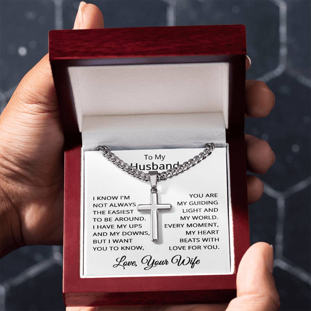 To My Husband Cross Necklace for Men with Cuban Link Chain