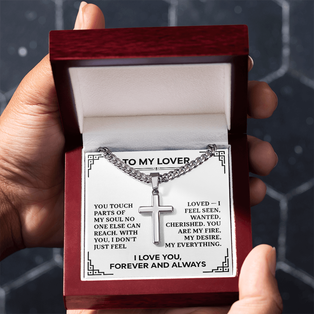 Cuban Link Cross Necklace for Him - "To My Lover" Card - Men's Adjustable Stainless Steel Cuban Chain with Cross
