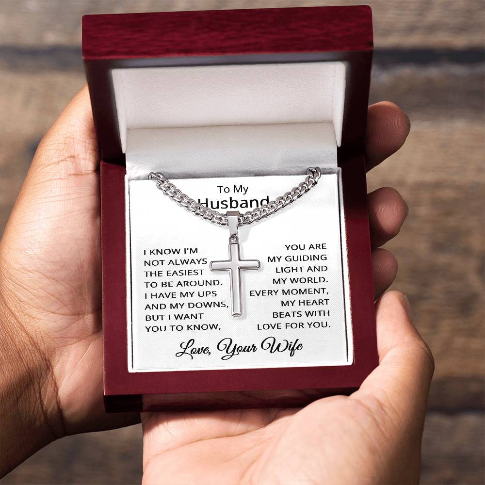 To My Husband Cross Necklace for Men with Cuban Link Chain