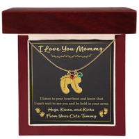 Load image into Gallery viewer, Personalized Baby Feet Necklace for Expecting Mom with custom birthstones and Hugs and Kicks card
