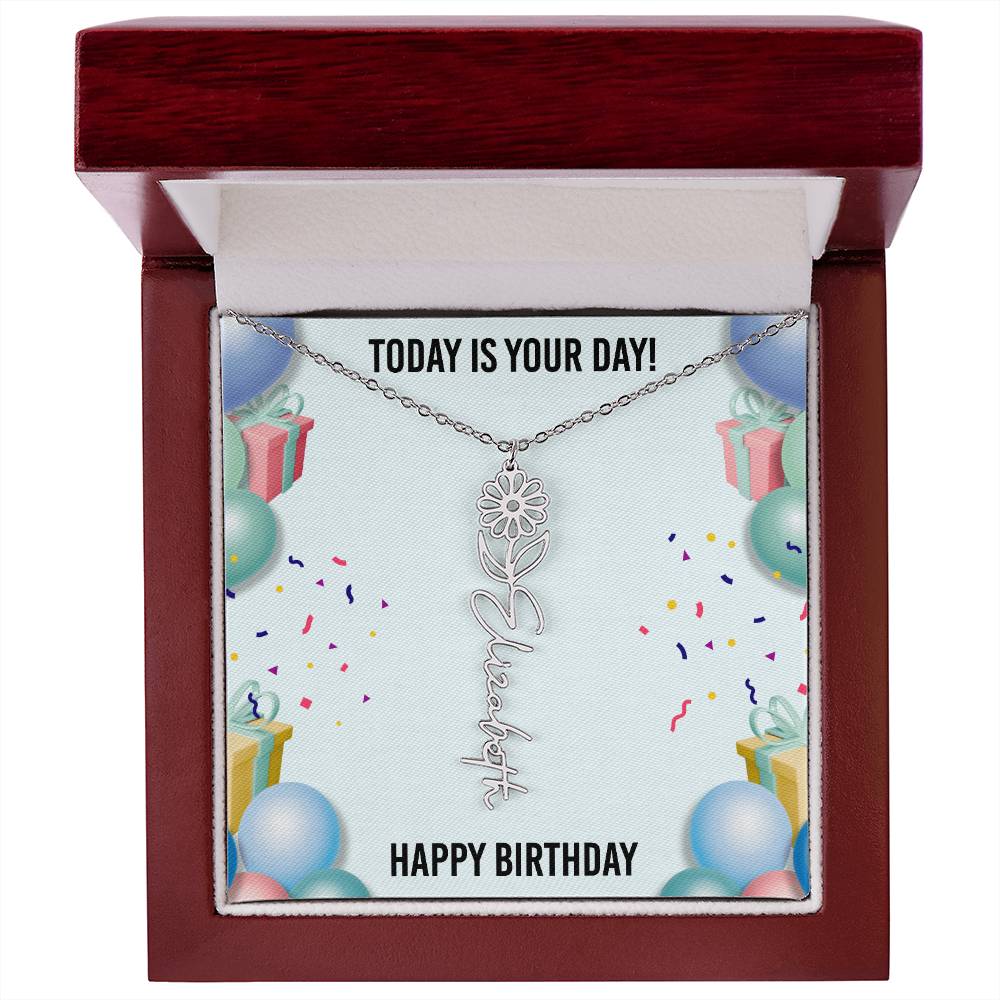 Happy Birthday Necklace for Women, Personalized Birth Flower Necklace, Birth Flower Name Necklace, Personalized Birthday Gifts for Best Friend