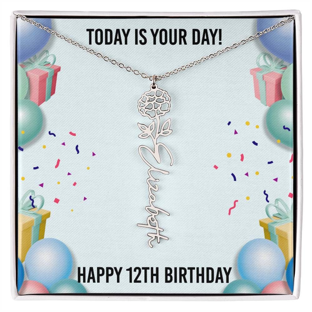 12th Birthday Necklace for Women, Personalized Birth Flower Necklace, Birth Flower Name Necklace, Personalized Birthday Gifts for Best Friend