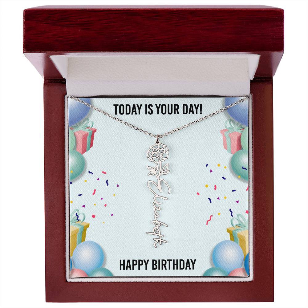 Happy Birthday Necklace for Women, Personalized Birth Flower Necklace, Birth Flower Name Necklace, Personalized Birthday Gifts for Best Friend