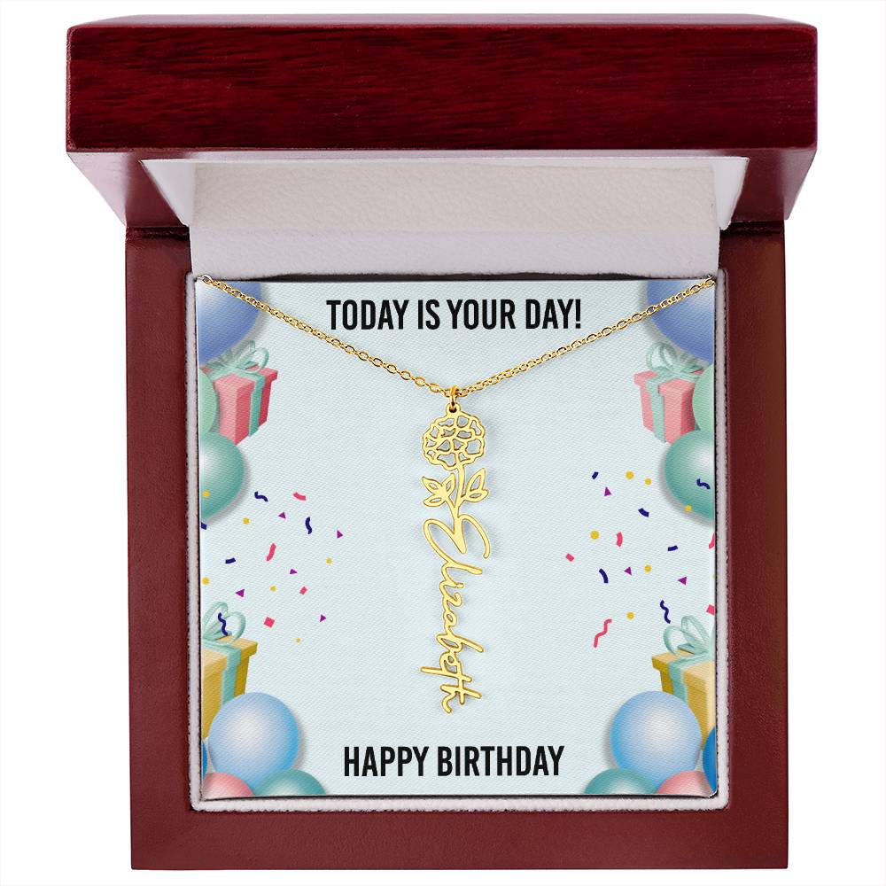Happy Birthday Necklace for Women, Personalized Birth Flower Necklace, Birth Flower Name Necklace, Personalized Birthday Gifts for Best Friend