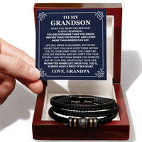 Load image into Gallery viewer, Triple-strand black braided leather bracelet for grandson from grandpa in luxury mahogany box
