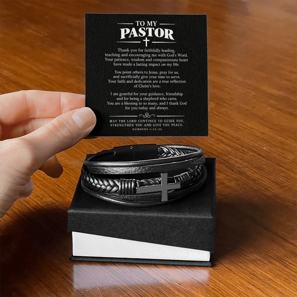 To My Pastor Bracelet - Pastor Christmas Gift for Him, Cross Vegan Leather Bracelet