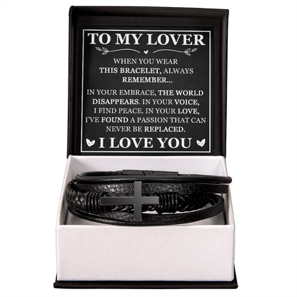 "To My Lover" Leather Cross Bracelet for Him - Religious Faith Gift with Message Card - Men's Leather Cross Bracelet