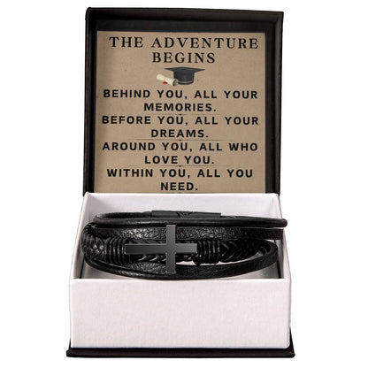 Graduate Gifts for Him Graduation Bracelet for Men Christian Gradation Gift The Adventure Begins Before You All Your Dreams Around You All Who Love You Graduate Men's Cross Bracelet